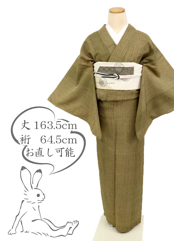 【中古】しょうざん 小紋 生紬 長尺 単衣 格子片寄せライン カーキ 緑 グリーン 身丈163.5cm 裄丈64.5cm カジュアル きもの 正絹着物 和装 TG5-8 lsize トールサイズ