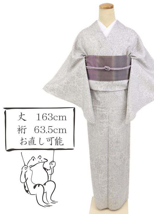 【中古】結城紬 小紋 長尺 特選 単衣 正倉院文寄せ柄 淡いグレー 身丈163cm 裄丈63.5cm カジュアル きもの 正絹着物 TH4-45 lsize