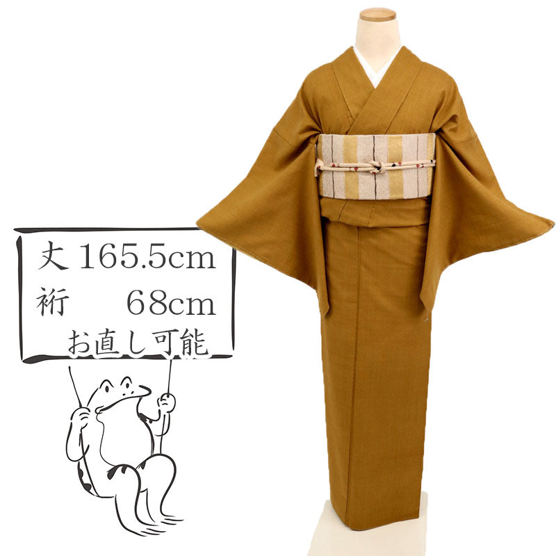 【中古】逸品 本場結城紬 『奥順』 無地小紋 カジュアル 狐色 黄土色 黄色 イエロー 身丈165.5 裄丈68cm 証紙有 袷正絹着物 きもの 和装 TY1-6 lsize