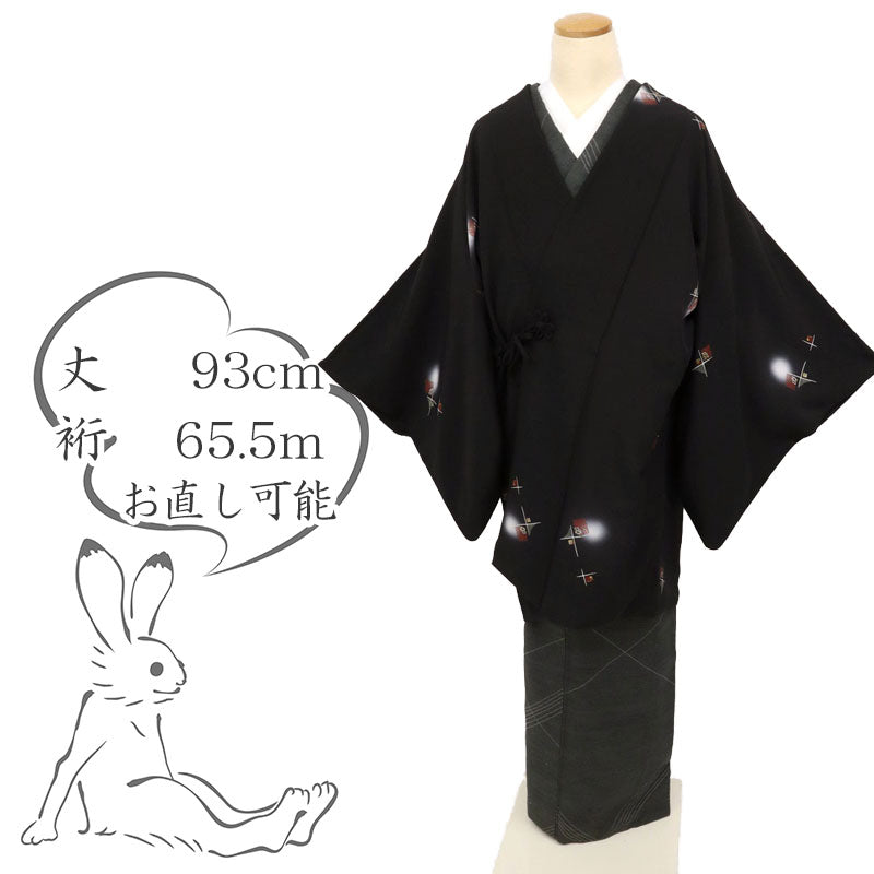 【中古】道中着 和装コート 小さな十字に蛍ぼかし模様 カジュアル 黒ブラック 身丈93cm 裄丈65.5cm 正絹着物上 CB11-2