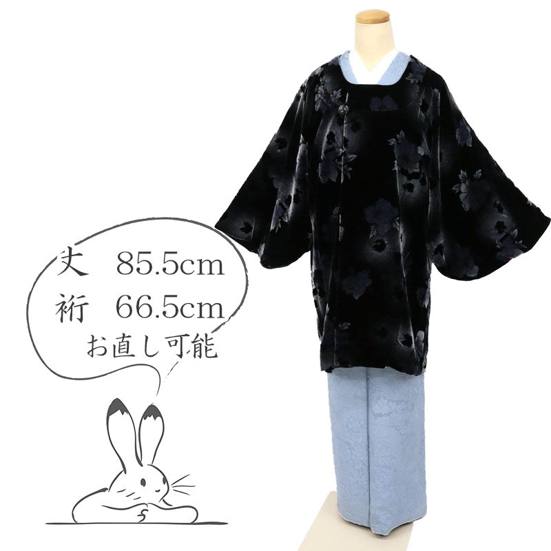 【中古】都衿和装コート あったかベロア素材 花模様 黒 化繊着物上 カジュアル 身丈85.5cm 裄丈66.5cm CB2-26