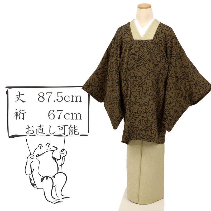 【中古】道行衿 和装コート 葡萄花々植物模様 カジュアル 焦茶色 身丈87.5cm 裄丈67cm 正絹着物上 CC12-29