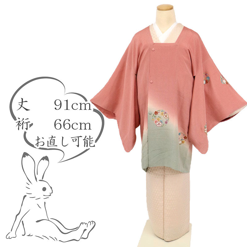 【中古】道行衿 和装コート 彩花丸文 カジュアル ピンクちりめん地 身丈91cm 裄丈66cm 正絹着物上 CM1-14