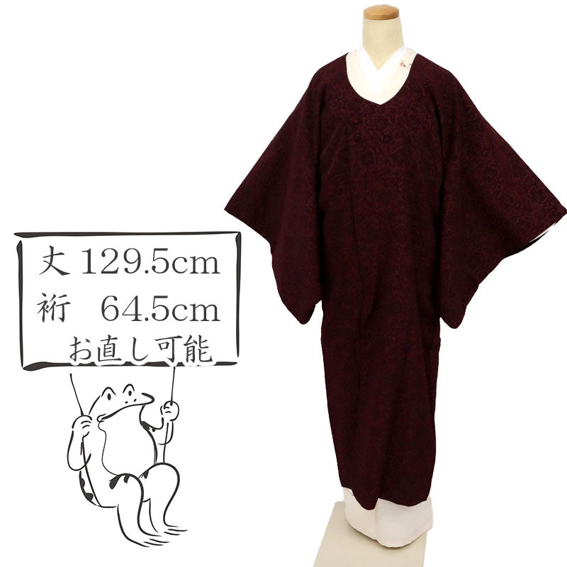 【中古】千代田衿 和装コート 輪奈ビロード ロング 花唐草 カジュアル ワインレッド 身丈129.5cm 裄丈64.5cm 正絹着物上 CP2-32