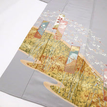 画像をギャラリービューアに読み込む, 【中古】長尺 色留袖 短冊に四季の風景吉祥文 準礼装 フォーマル グレー 背紋有 身丈164.5cm 裄丈67.5cm 袷正絹着物 DH5-2
