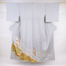 画像をギャラリービューアに読み込む, 【中古】長尺 色留袖 短冊に四季の風景吉祥文 準礼装 フォーマル グレー 背紋有 身丈164.5cm 裄丈67.5cm 袷正絹着物 DH5-2
