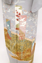 画像をギャラリービューアに読み込む, 【中古】長尺 色留袖 短冊に四季の風景吉祥文 準礼装 フォーマル グレー 背紋有 身丈164.5cm 裄丈67.5cm 袷正絹着物 DH5-2
