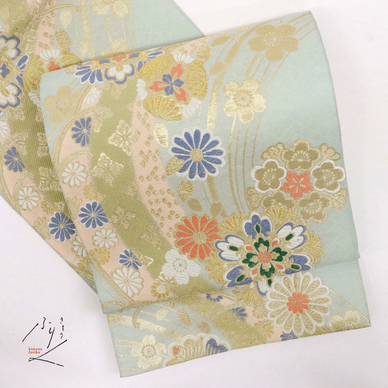【中古】袋帯 煌びやか流水に唐華文様 フォーマル 略礼装 青磁鼠グリーン 水色 六通柄 長さ440m 帯幅30cm 正絹着物 FA1-10