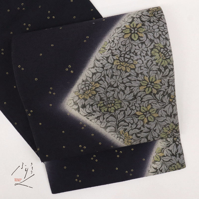 【中古】袋帯 紬地 鹿の子の霰に花唐草模様 カジュアル 紫黒色 長さ406cm 帯巾30.5cm 正絹着物 FA1-5