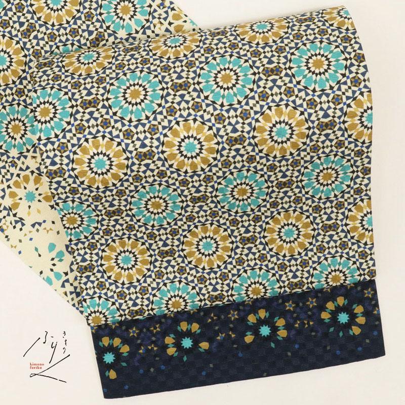 【新品】特選 京袋帯『うれしづくし』モザイク花模様 紺色 カジュアル 長さ380cm 帯巾31cm 正絹着物 FA11-3