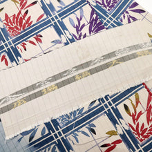画像をギャラリービューアに読み込む, 【未使用】袋帯 『本場縞大島』紬 格子に菊の花模様 象牙色 カジュアル 普段着に 長さ454cm 帯巾31cm 正絹着物 FA5-3
