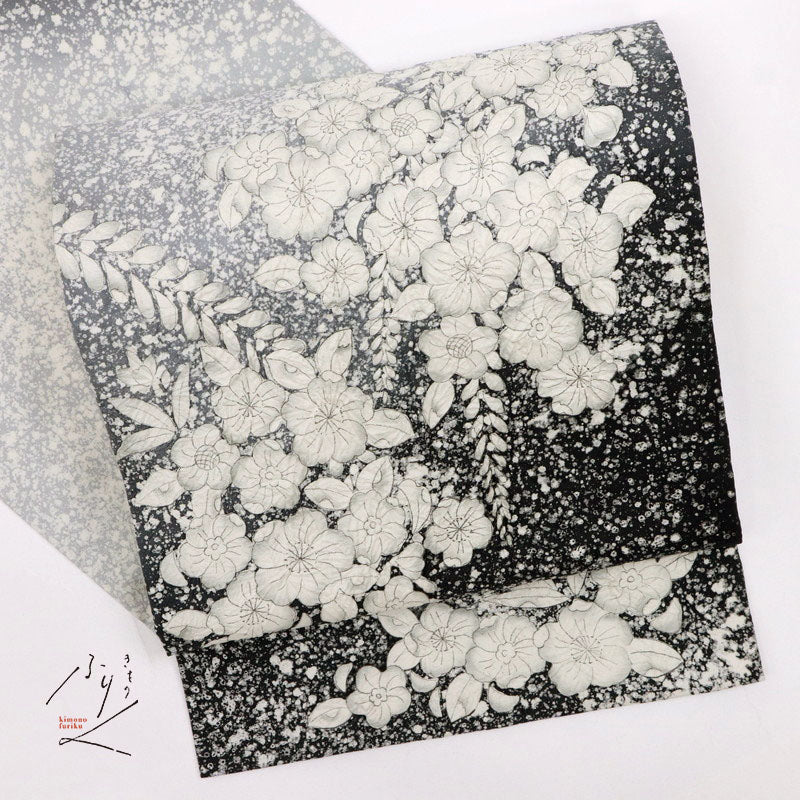 【中古】袋帯 叩き染めの辻が花模様 濃淡黒グレー フォーマル 略礼装 六通柄 長さ424cm 帯巾31cm 正絹着物 FB2-23