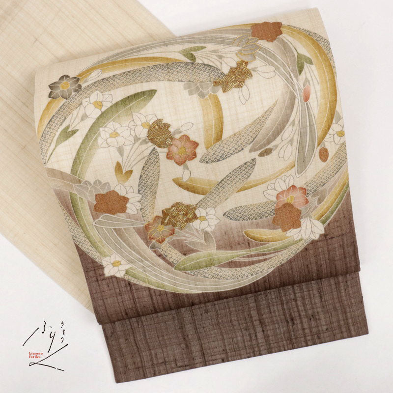 【中古】夏袋帯『しょうざん』紗 生紬 水仙花の丸 カジュアル 生成り色 長さ440cm 帯巾30.5cm 正絹着物 FC3-13
