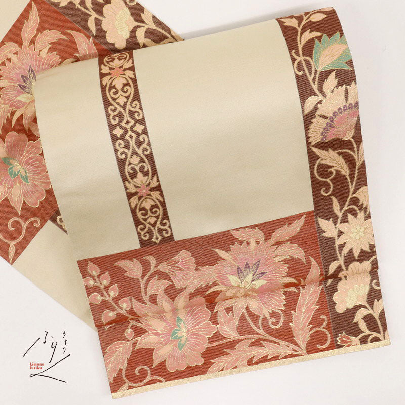 【中古】袋帯 格子に煌びやか花唐草模様 クリーム色 赤 レッド 長さ424cm 帯巾30.5cm フォーマル 六通柄 和装 きもの 正絹着物 FC8-4