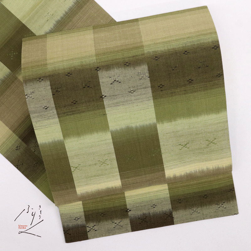 【中古】リバーシブル袋帯 紬 かすれ格子横段 グリーン×グレー カジュアル 普段着に♪ 長さ428cm 帯巾31cm 正絹着物 FG2-8