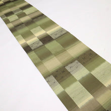 画像をギャラリービューアに読み込む, 【中古】リバーシブル袋帯 紬 かすれ格子横段 グリーン×グレー カジュアル 普段着に♪ 長さ428cm 帯巾31cm 正絹着物 FG2-8

