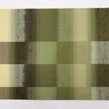 画像をギャラリービューアに読み込む, 【中古】リバーシブル袋帯 紬 かすれ格子横段 グリーン×グレー カジュアル 普段着に♪ 長さ428cm 帯巾31cm 正絹着物 FG2-8
