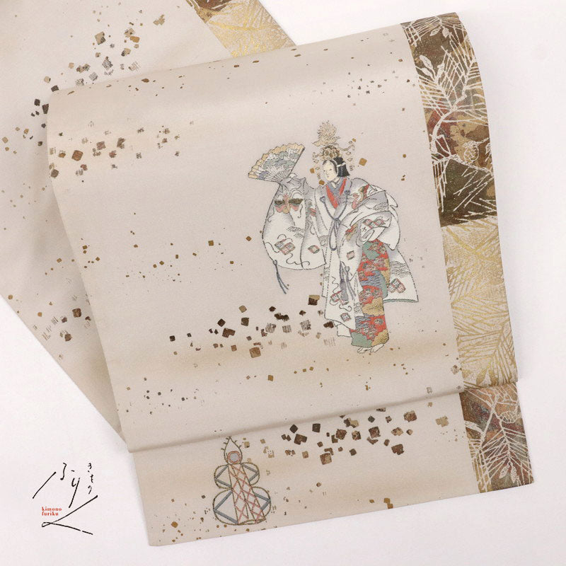 【中古】袋帯 紬 箔散らしに能の舞姿『羽衣』『天鼓』フォーマル 略礼装 淡いグレー 長さ430cm 帯巾31cm 正絹着物 FH10-5