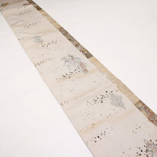 画像をギャラリービューアに読み込む, 【中古】袋帯 紬 箔散らしに能の舞姿『羽衣』『天鼓』フォーマル 略礼装 淡いグレー 長さ430cm 帯巾31cm 正絹着物 FH10-5
