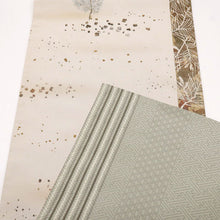 画像をギャラリービューアに読み込む, 【中古】袋帯 紬 箔散らしに能の舞姿『羽衣』『天鼓』フォーマル 略礼装 淡いグレー 長さ430cm 帯巾31cm 正絹着物 FH10-5
