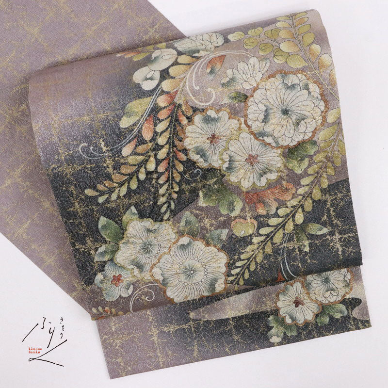 【中古】袋帯 作家物 煌びやか辻が花模様 フォーマル 略礼装 胡桃染色 長さ436cm 帯巾31cm 落款有 正絹着物 FP3-7