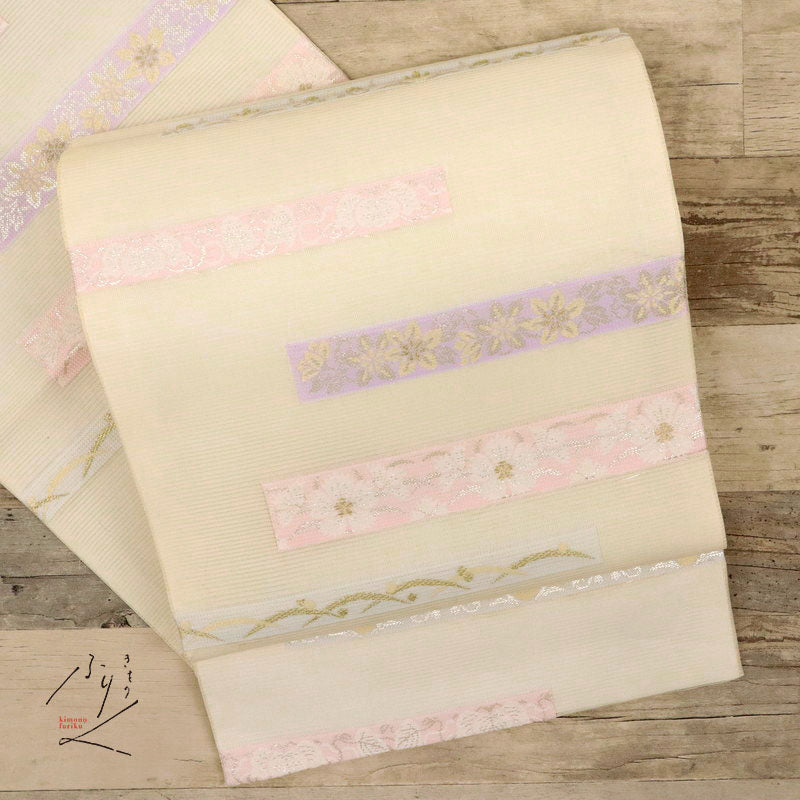 【中古】夏帯『絽』袋帯 横段に露芝花模様 フォーマル 略礼装 白アイボリー 長さ440cm 帯巾31cm 正絹着物 FY5-1