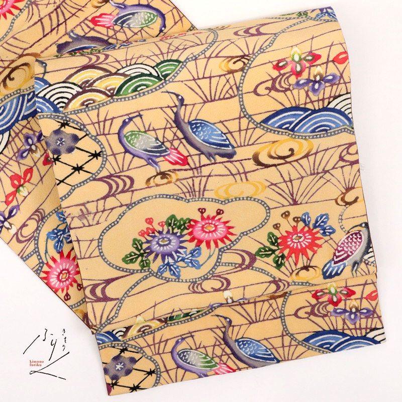 【中古】創作 京袋帯 雲文に花鳥文様 蜂蜜色 ベージュ 長さ332cm カジュアル 全通柄 和装 きもの 正絹着物 FY5-17