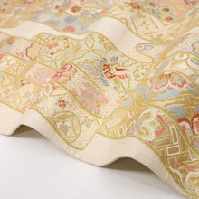 画像をギャラリービューアに読み込む, 【中古】袋帯 煌びやか誰が袖松竹梅吉祥文 鳳翔 砂色 六通柄 フォーマル 略礼装 長さ449cm 帯巾31cm 正絹着物 FY6-13
