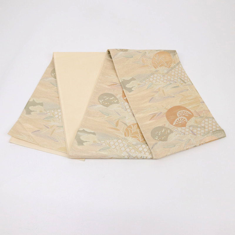 中古】夏帯『紗』袋帯 笹うちわに古典柄 クリーム色 フォーマル 略礼装