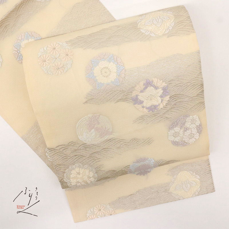 【中古】夏帯 袋帯 霞に唐織の花丸文 フォーマル 略礼装 白 六通柄 長さ440cm 帯巾30.5cm 正絹着物 FY8-10