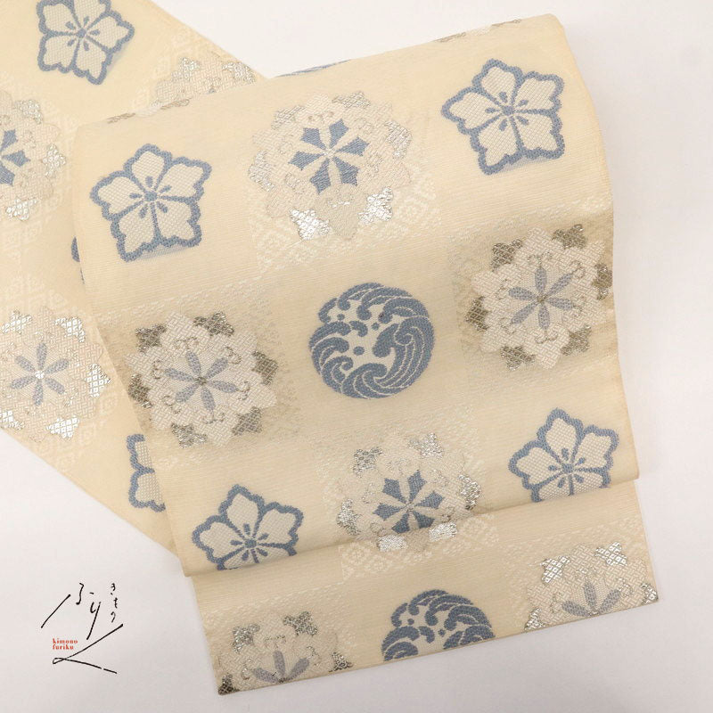 【中古】特選 夏帯 袋帯 涼やか雪花桔梗立浪の丸 フォーマル 略礼装 白 長さ434cm 帯巾30.5cm 六通柄 正絹着物 FY8-9