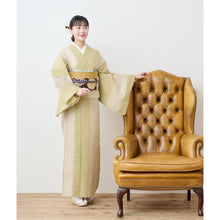 画像をギャラリービューアに読み込む, 洗える着物 阿波しじら織り【抹茶亜麻生成りの縞合わせ】 13m No,H61 コットン フルオーダー お仕立て可

