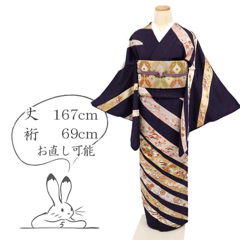 【中古】長尺 訪問着 熨斗に雅やか古典模様 背紋有 フォーマル 略礼装 紫黒色 身丈167cm 裄丈69cm 袷正絹着物 HA2-3