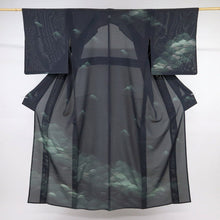 画像をギャラリービューアに読み込む, 【中古】夏着物『絽』訪問着 重なる遠山風景 背紋有 フォーマル 略礼装 藍黒色 身丈159cm 裄丈64.5cm 正絹着物 HA5-8
