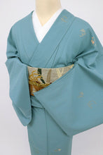 画像をギャラリービューアに読み込む, 【中古】長尺 洗える夏着物 刺繍付下げ『絽』吉祥の丸文 カジュアル 青緑色 身丈163.5cm 裄丈65.5cm 化繊 HA7-3
