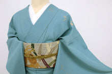 画像をギャラリービューアに読み込む, 【中古】長尺 洗える夏着物 刺繍付下げ『絽』吉祥の丸文 カジュアル 青緑色 身丈163.5cm 裄丈65.5cm 化繊 HA7-3
