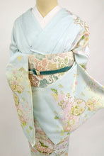 画像をギャラリービューアに読み込む, 仮絵羽 訪問着 吉祥文 雪輪地紙に花々松竹梅 フォーマル 水色 和装 きもの 袷正絹着物 HA9-13
