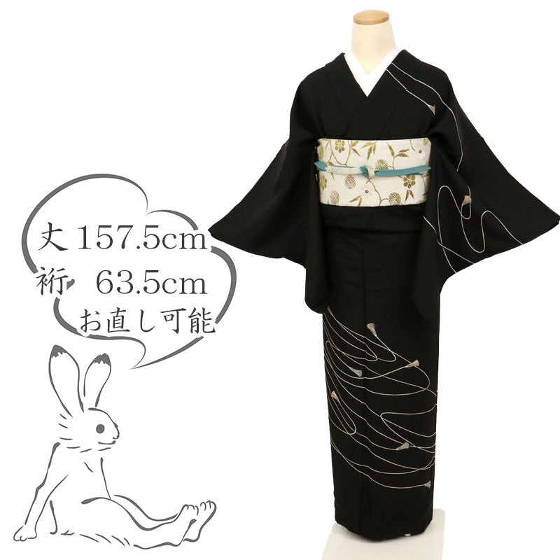 【中古】訪問着 シンプル ゆるやか紐文 黒地 モノトーン フォーマル 略礼装 身丈157.5cm 裄丈63.5cm 袷正絹着物 HB1-11