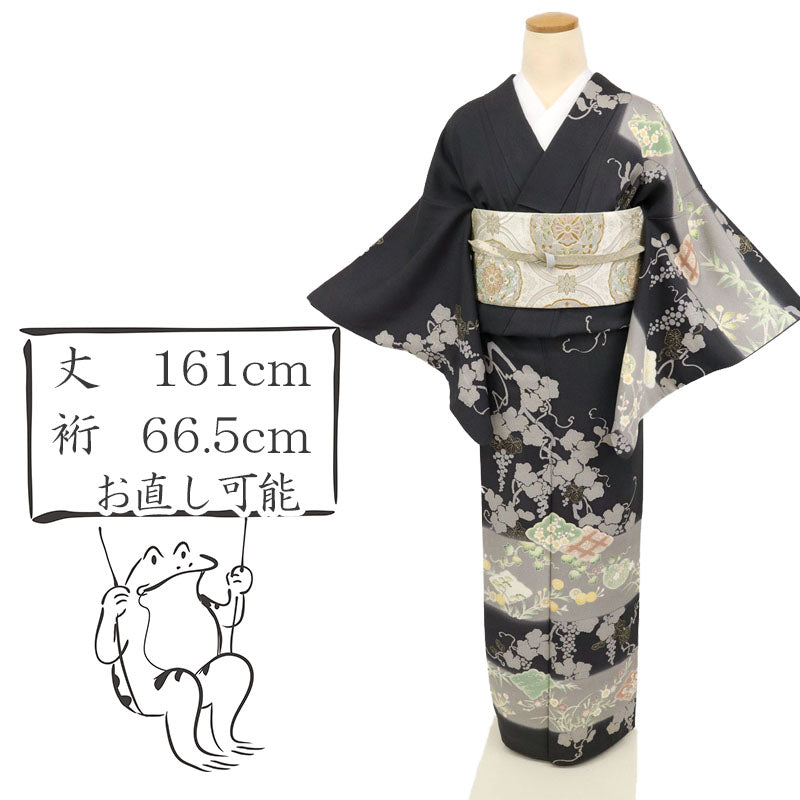 【中古】豪華枝垂れる蔦葡萄に吉祥の花々模様訪問着 フォーマル 略礼装 濃グレー 身丈161cm 裄丈66.5cm 袷正絹着物 HB4-50