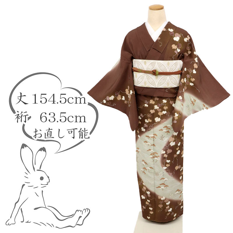 【中古】訪問着 広がる蔦の葉に波の流線松竹模様 フォーマル 略礼装 濃茶色 身丈154.5cm 裄丈63.5cm 袷正絹着物 HC12-3