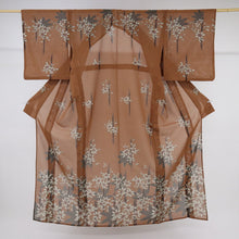 画像をギャラリービューアに読み込む, 【中古】上質 洗える夏着物 付下げ小紋 クレマチスの花模様 茶色 化繊着物 カジュアル 身丈162cm 裄丈65.5cm HC9-5
