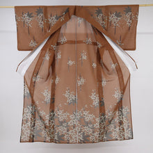画像をギャラリービューアに読み込む, 【中古】上質 洗える夏着物 付下げ小紋 クレマチスの花模様 茶色 化繊着物 カジュアル 身丈162cm 裄丈65.5cm HC9-5
