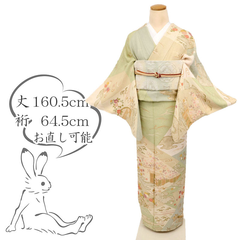 【中古】訪問着 長尺 吉祥文松竹梅籬に四季花寄せ柄 フォーマル 多色淡黄緑 身丈160.5cm 裄丈64.5cm 袷正絹着物 HG10-1