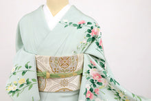 画像をギャラリービューアに読み込む, 【中古】長尺 訪問着 麗し四季折々の花々模様 フォーマル 略礼装 千草鼠色水色 緑色 身丈165.5cm 裄丈68.5cm 袷正絹着物 HG12-13
