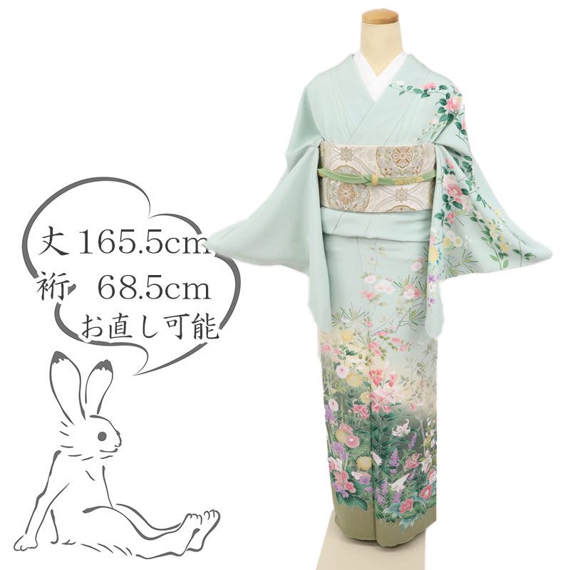 【中古】長尺 訪問着 麗し四季折々の花々模様 フォーマル 略礼装 千草鼠色水色 緑色 身丈165.5cm 裄丈68.5cm 袷正絹着物 HG12-13