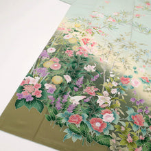 画像をギャラリービューアに読み込む, 【中古】長尺 訪問着 麗し四季折々の花々模様 フォーマル 略礼装 千草鼠色水色 緑色 身丈165.5cm 裄丈68.5cm 袷正絹着物 HG12-13
