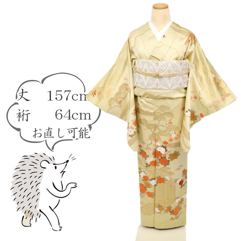 【中古】特選＊訪問着 金彩豪華 雅やか四季の花々模様 フォーマル 略礼装 木蘭色 身丈157cm 裄丈64cm 袷正絹着物 HG4-1