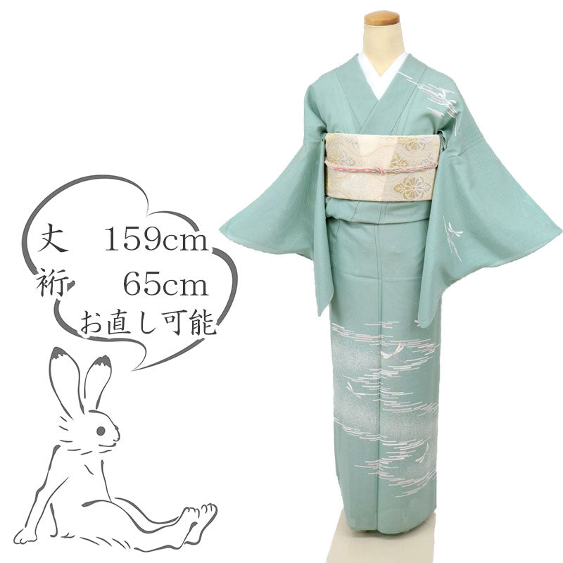 【中古】夏着物『絽』訪問着 水際を舞うとんぼの風景 グリーン フォーマル 略礼装 身丈159cm 裄丈65cm 正絹着物 HG4-13