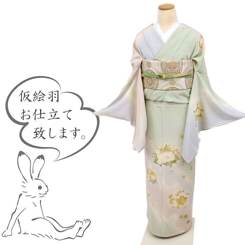 【仮絵羽】訪問着 やわらか四季の花丸文 グリーン多色 フォーマル 略礼装 和装 袷正絹着物 HG4-2