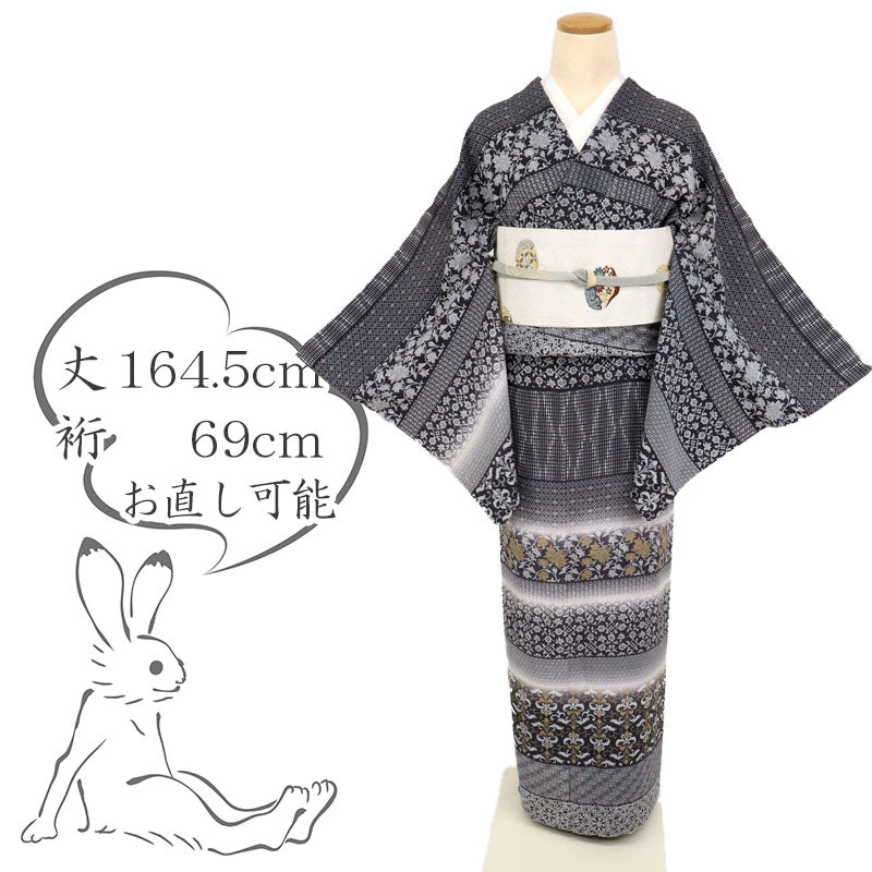 【中古】長尺 訪問着 伝統工芸士『加納昭一』 グレー 身丈164.5cm 裄丈69cm カジュアル 小紋柄横段 和装きもの 袷正絹着物 HH12-2 lsize